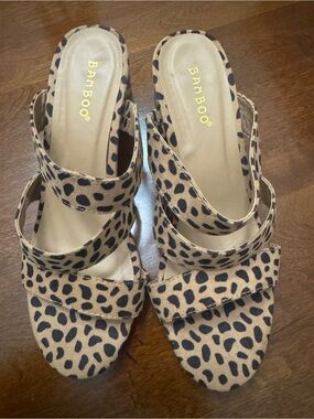 BAMBOO Leopard Print Triple-Strap Slide Sandals in Tan and Black